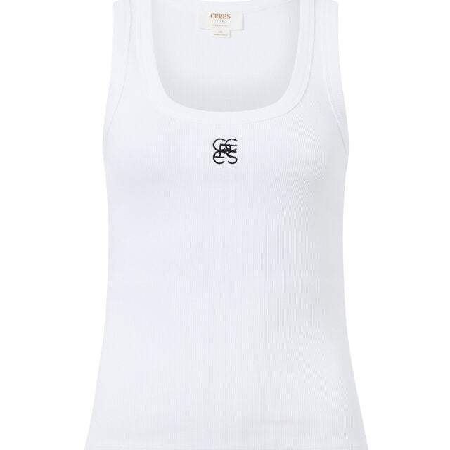 Zoe Contour Rib Scoop Tank - White/Black Monogram Embroidery