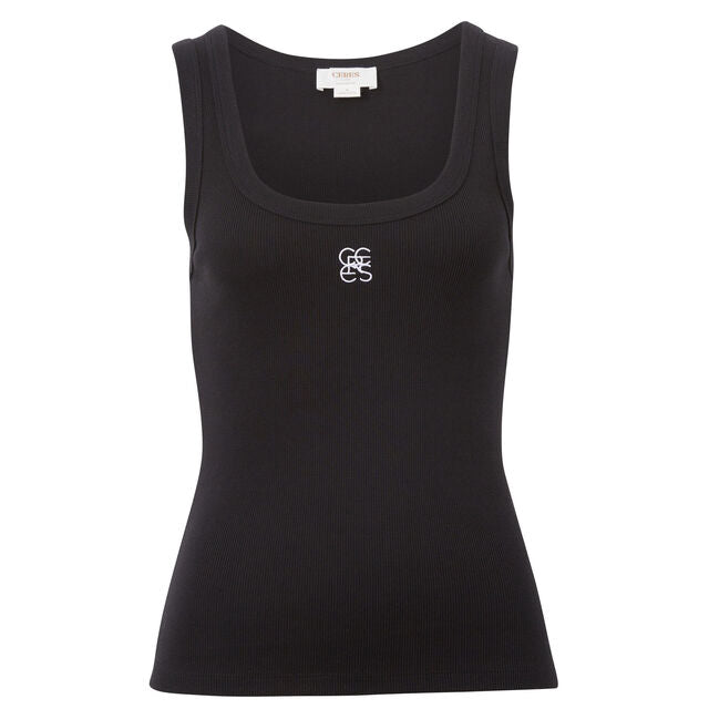Zoe Contour Rib Scoop Tank - Black/White Monogram Embroidery