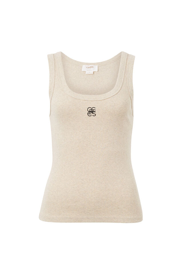 Zoe Contour Rib Scoop Tank - Oatmeal  Monogram Embroidery