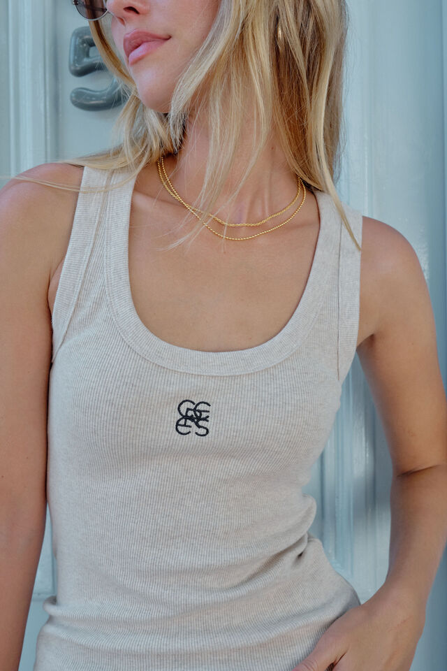 Zoe Contour Rib Scoop Tank - Oatmeal  Monogram Embroidery