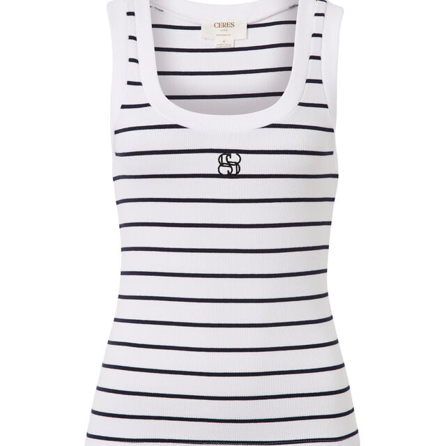 Zoe Contour Rib Scoop Tank - White/New Navy Monogram Embroidery