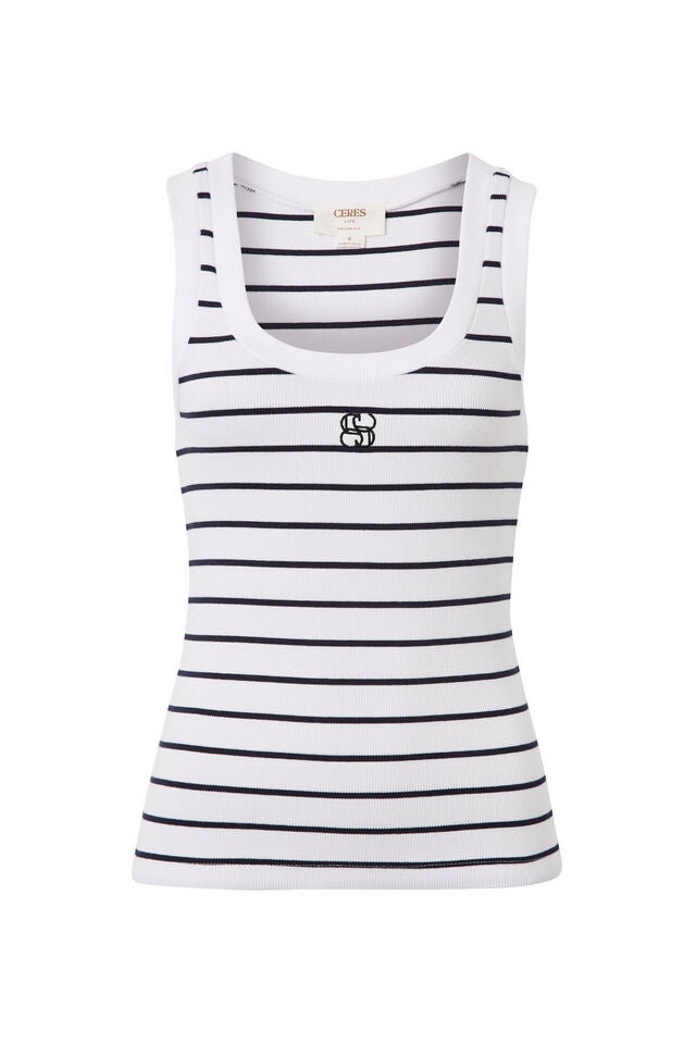 Zoe Contour Rib Scoop Tank - White/New Navy Monogram Embroidery