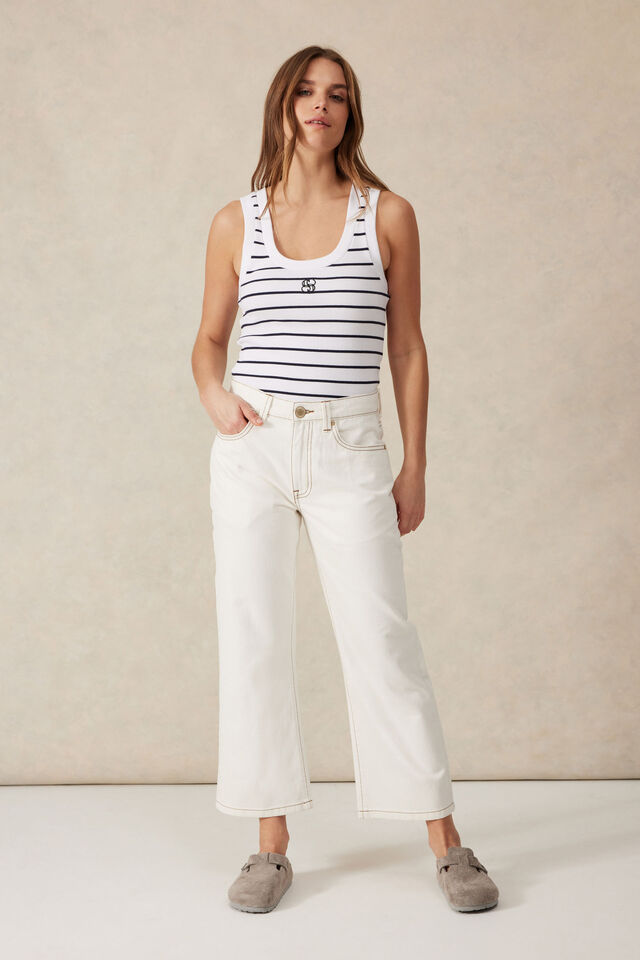 Zoe Contour Rib Scoop Tank - White/New Navy Monogram Embroidery