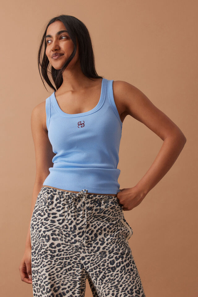 Zoe Contour Rib Scoop Tank - Powder Blue Monogram Embroidery