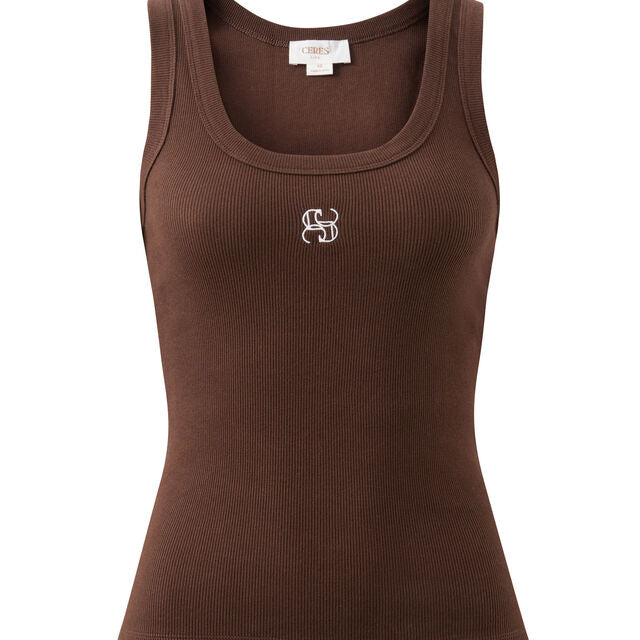 Zoe Contour Rib Scoop Tank - Chocolate Monogram Embroidery