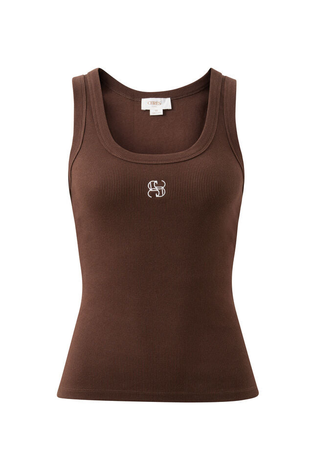 Zoe Contour Rib Scoop Tank - Chocolate Monogram Embroidery