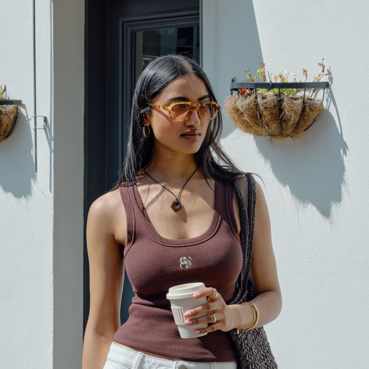 Zoe Contour Rib Scoop Tank - Chocolate Monogram Embroidery