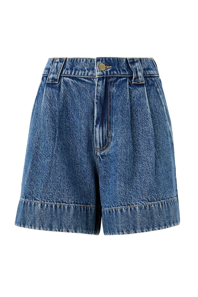 Billie Pleat Front Short - Washed Indigo