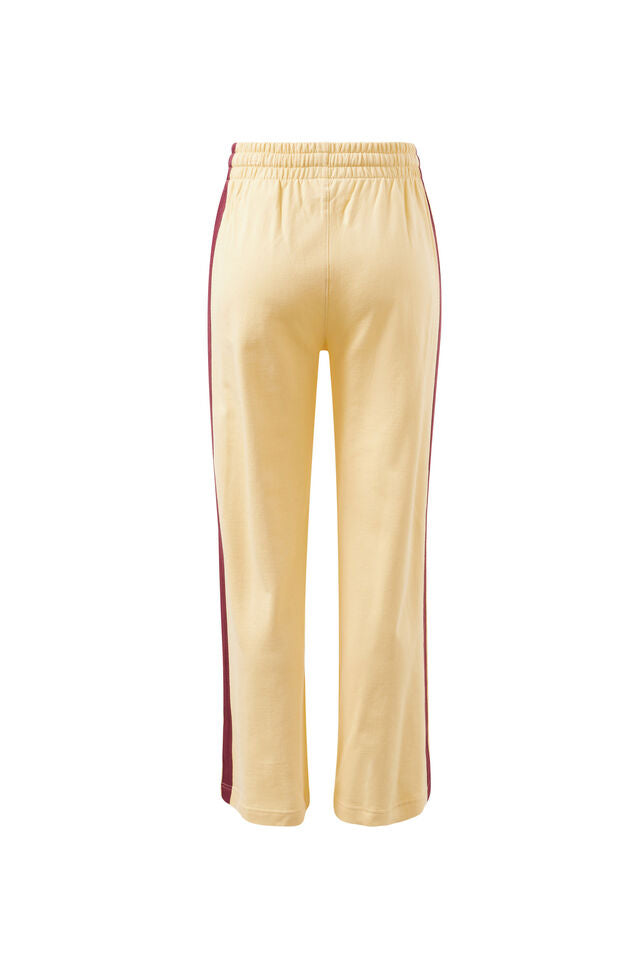 Gigi Wide Leg Terry Track - Washed Butter With Burgundy Side Stripe