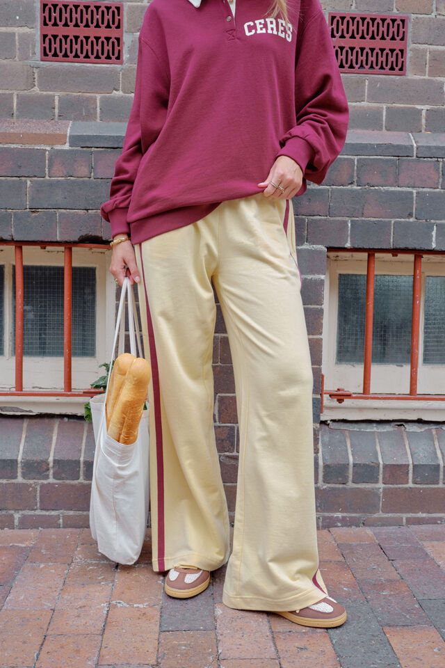 Gigi Wide Leg Terry Track - Washed Butter With Burgundy Side Stripe