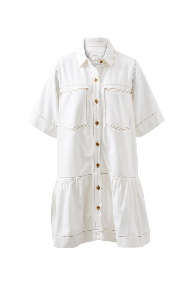 Short Sleeved Tiered Pocket Shirt Dress - Fresh Ecru