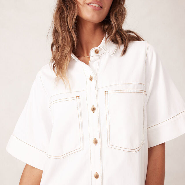 Short Sleeved Tiered Pocket Shirt Dress - Fresh Ecru