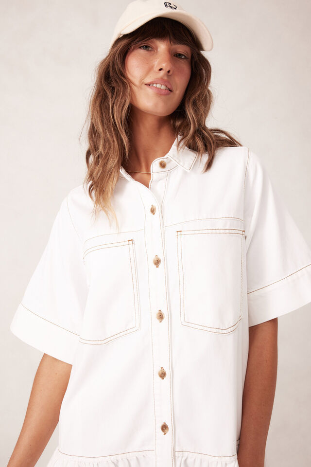 Short Sleeved Tiered Pocket Shirt Dress - Fresh Ecru
