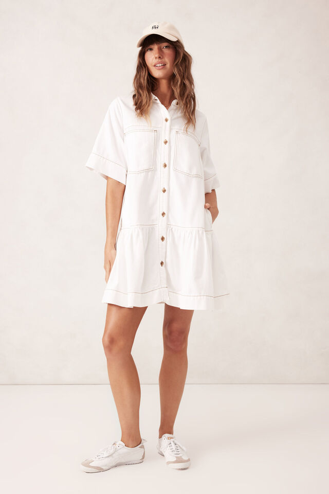 Short Sleeved Tiered Pocket Shirt Dress - Fresh Ecru