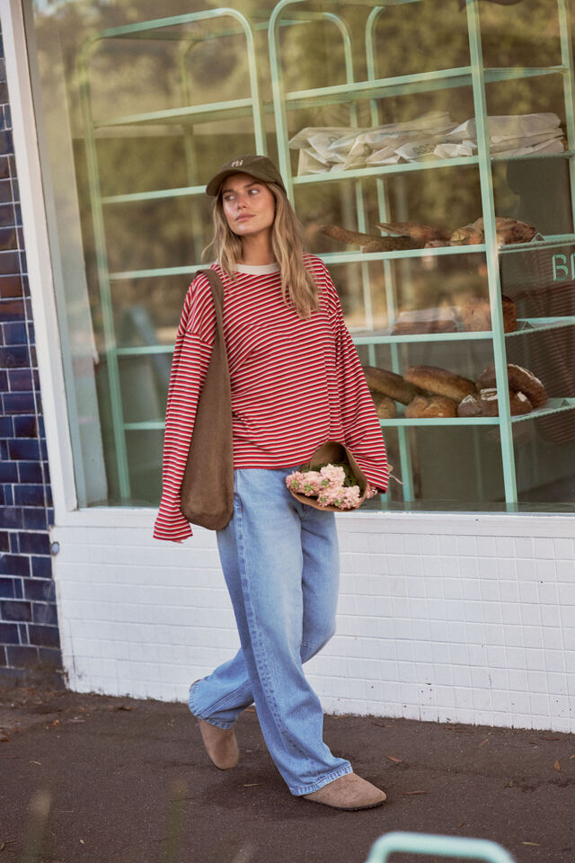 Beau Long Sleeve Slouchy Tee - Mulberry, Red and Stone