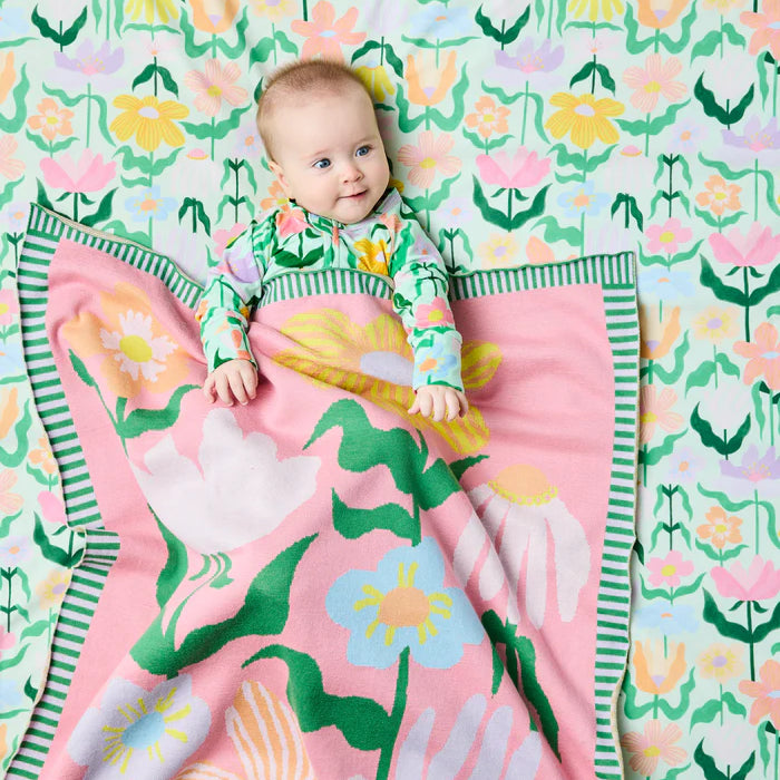 Popping Flowers Green Cotton Knitted Blanket