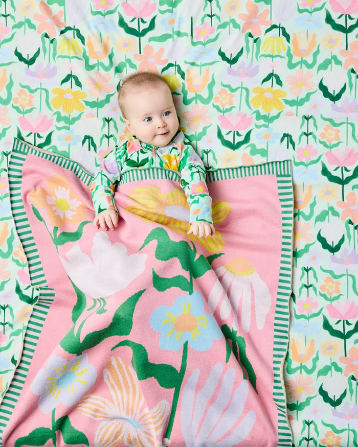 Popping Flowers Green Cotton Knitted Blanket