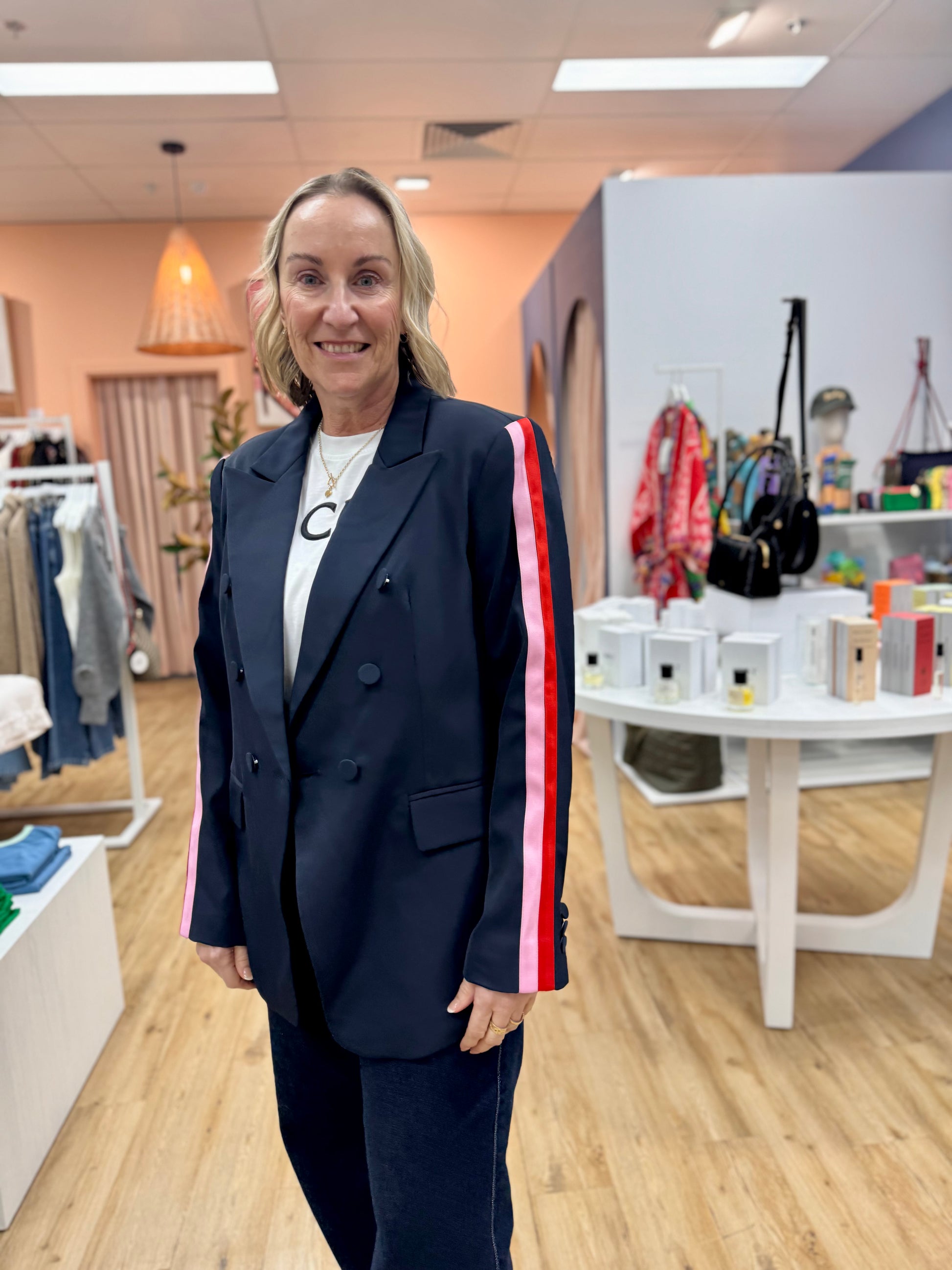 Sporty Luxe Blazer - Navy with Red and Pink Arm Stripes