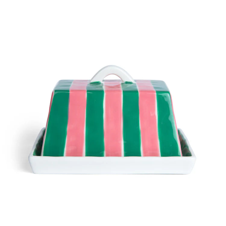 Butter Dish - Large - Pink & Green Stripe
