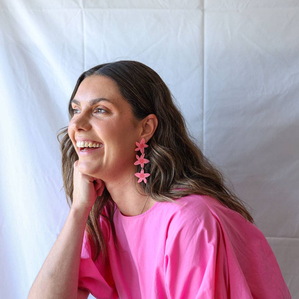 Frans Trio Earrings // Bright Pink with Red