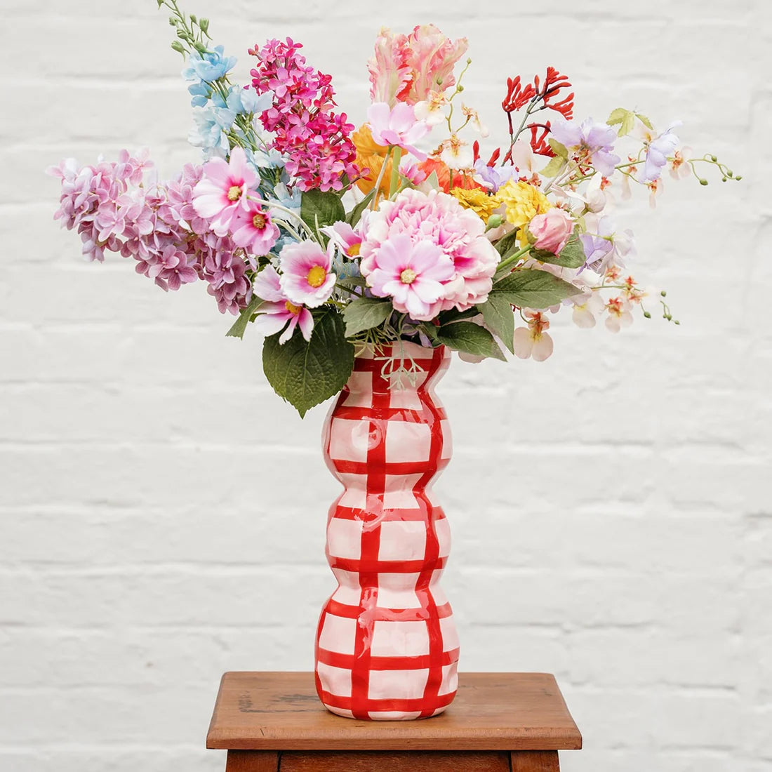 3 Tier Vase - Pink With Red Gingham
