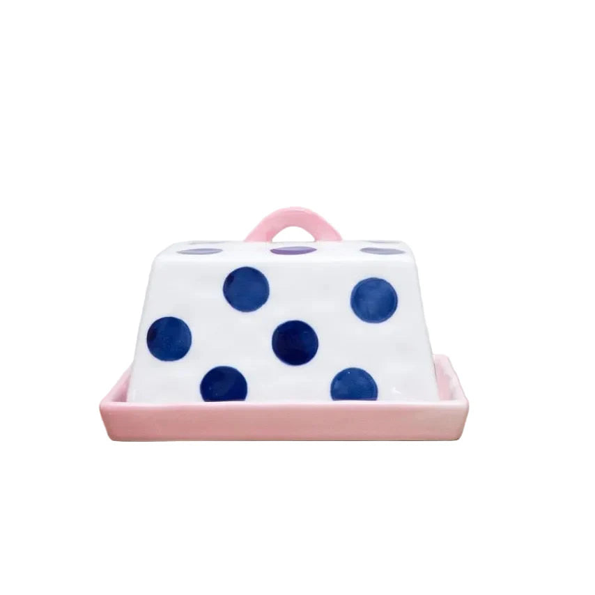 Butter Dish - Large - Navy Dots with Pink Handle & Tray