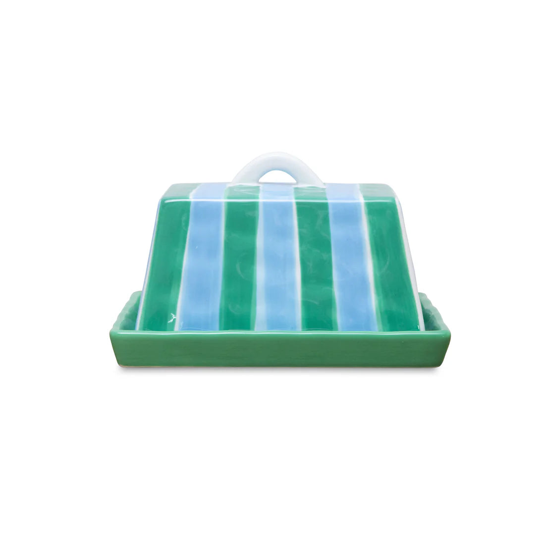 Butter Dish - Large - Cornflower Blue & Green Stripe