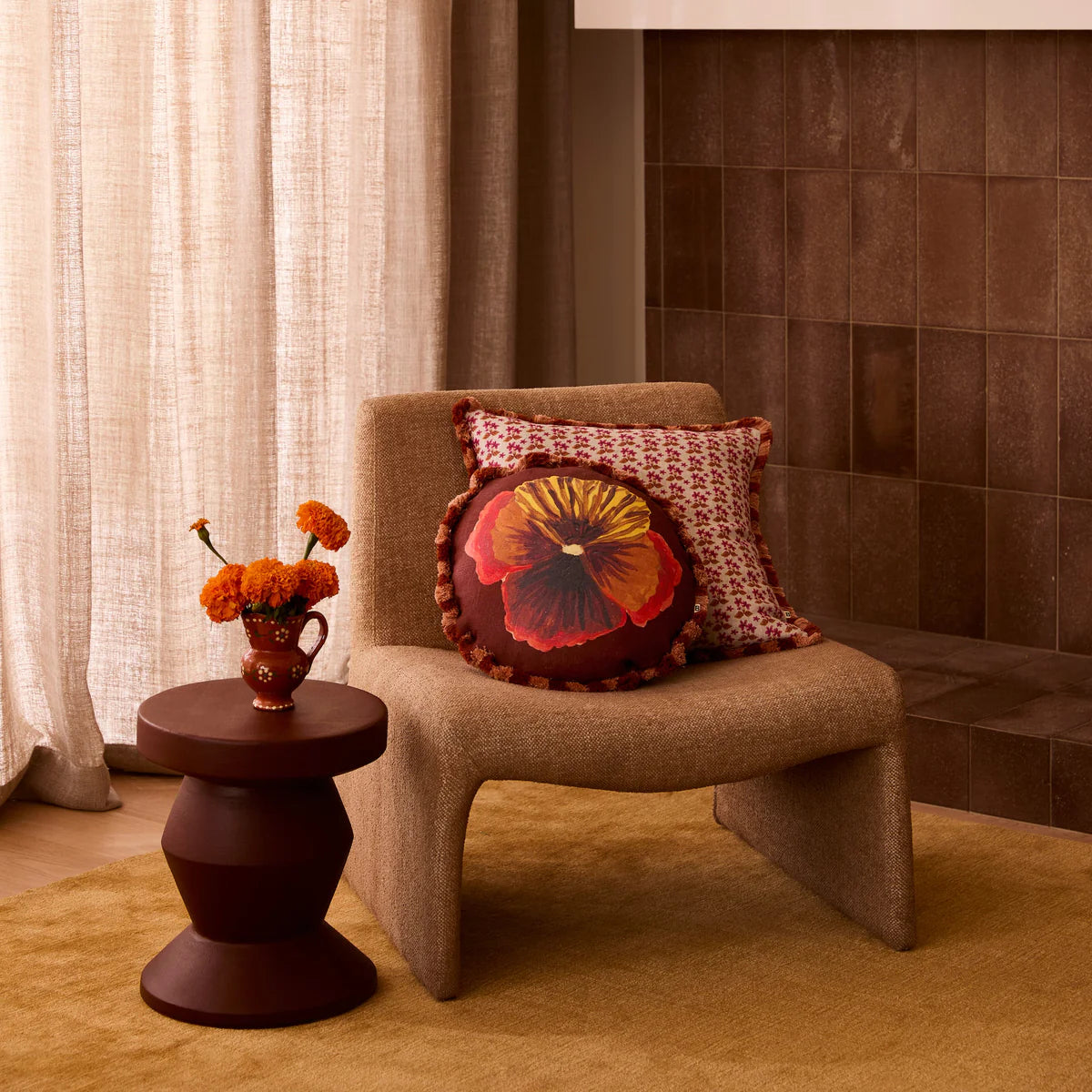 Cushion - Wild Pansy Chocolate 45cm Round