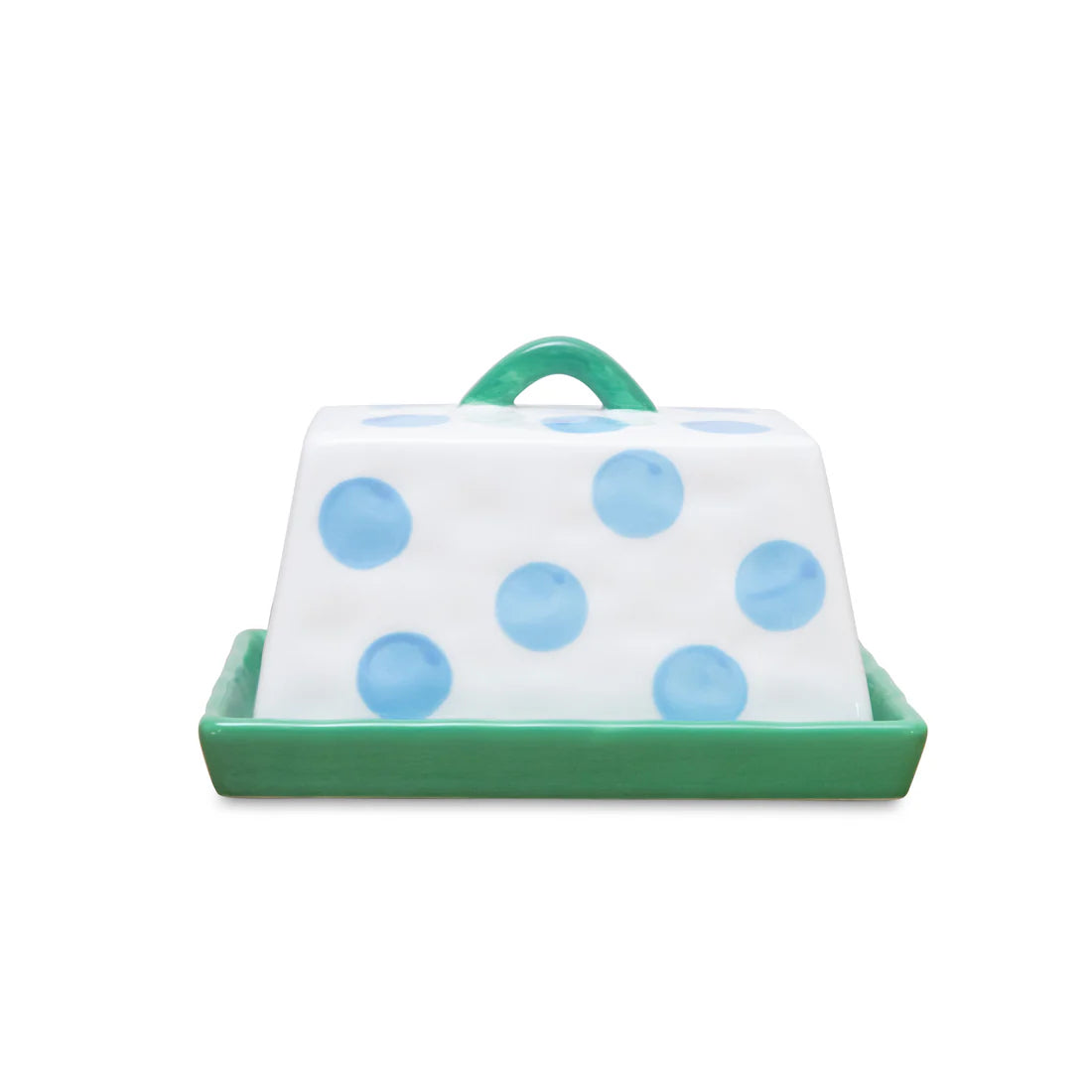 Butter Dish - Large - Blue Dots with Green Handle & Tray