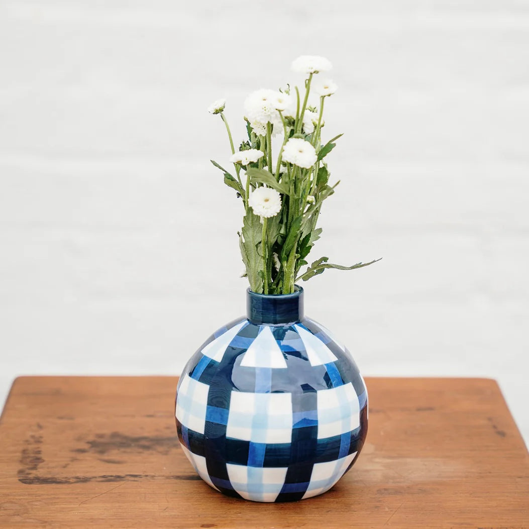 Round Bud Vase - Navy & Cornflower Blue Gingham