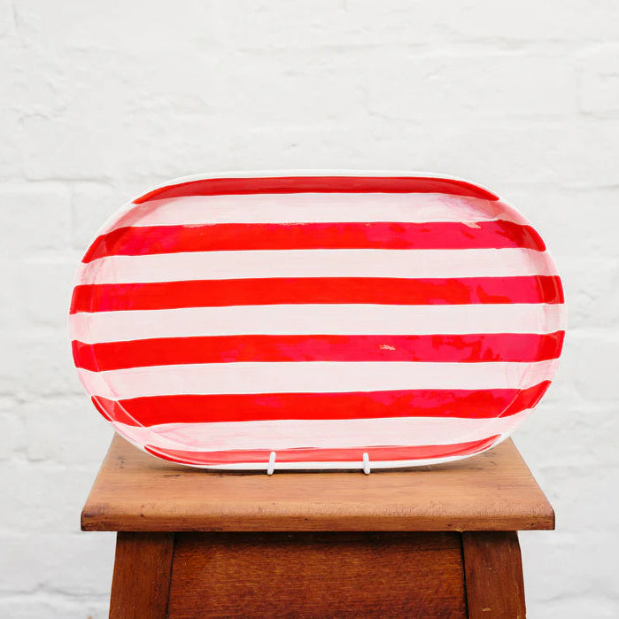 Oval Platter - Pink & Red Stripes