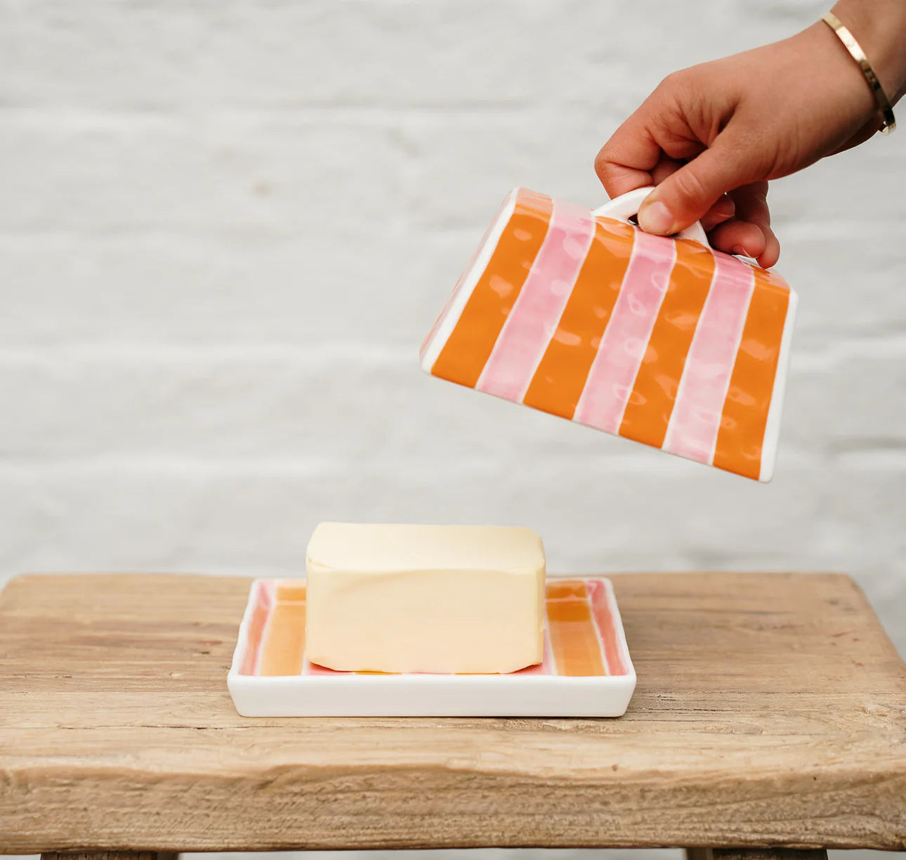 Butter Dish - Large - Orange & Pink Stripe