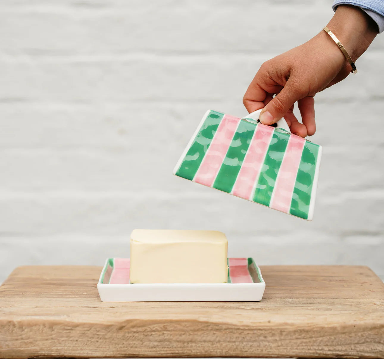 Butter Dish - Large - Pink & Green Stripe