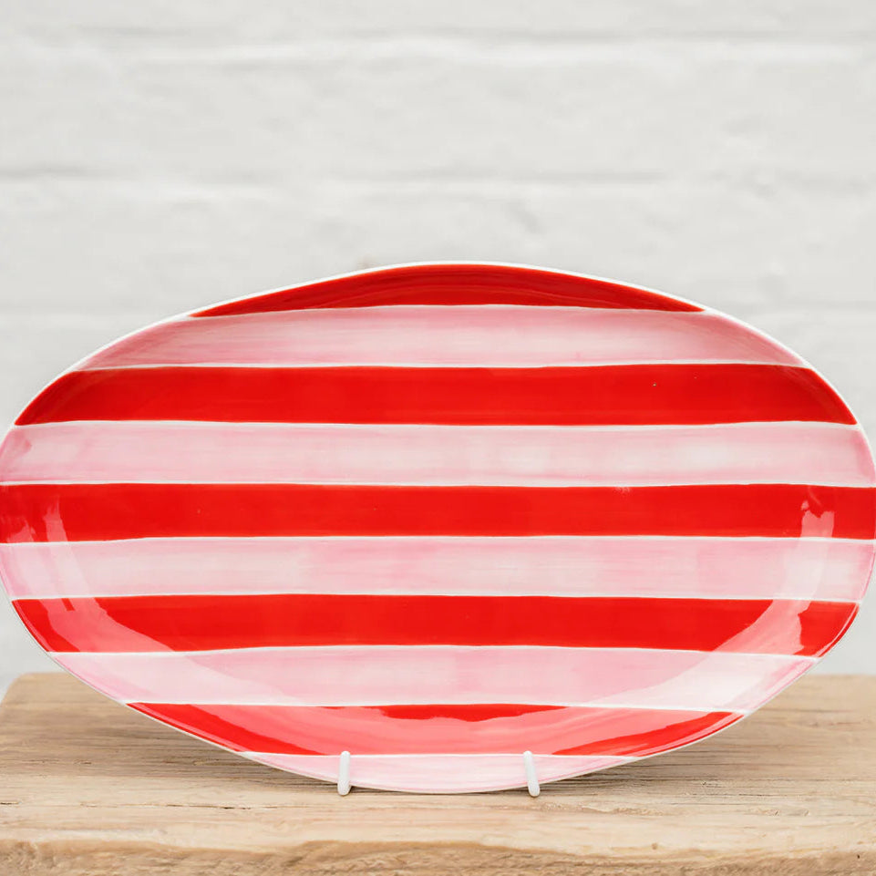 Oval Platter - Small - Pink & Red Stripe
