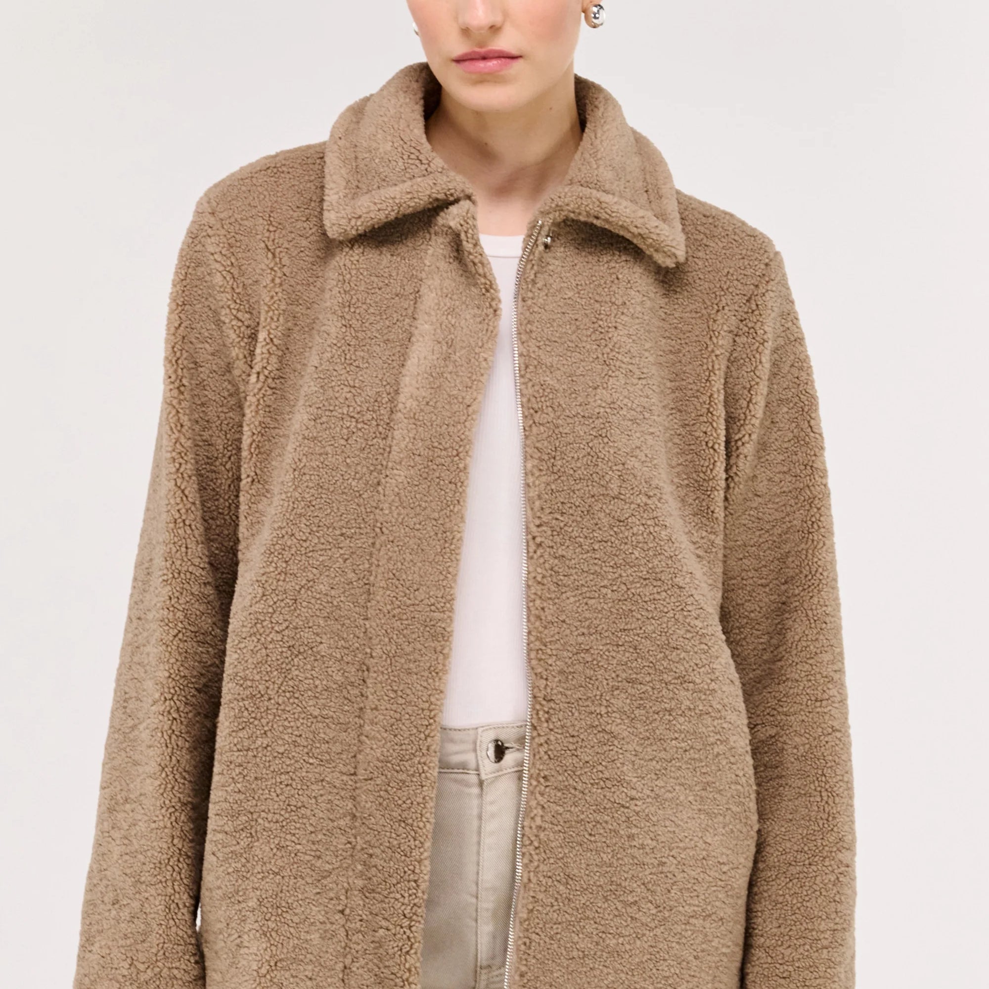 Margo Long Line Sherpa Jacket - Beige