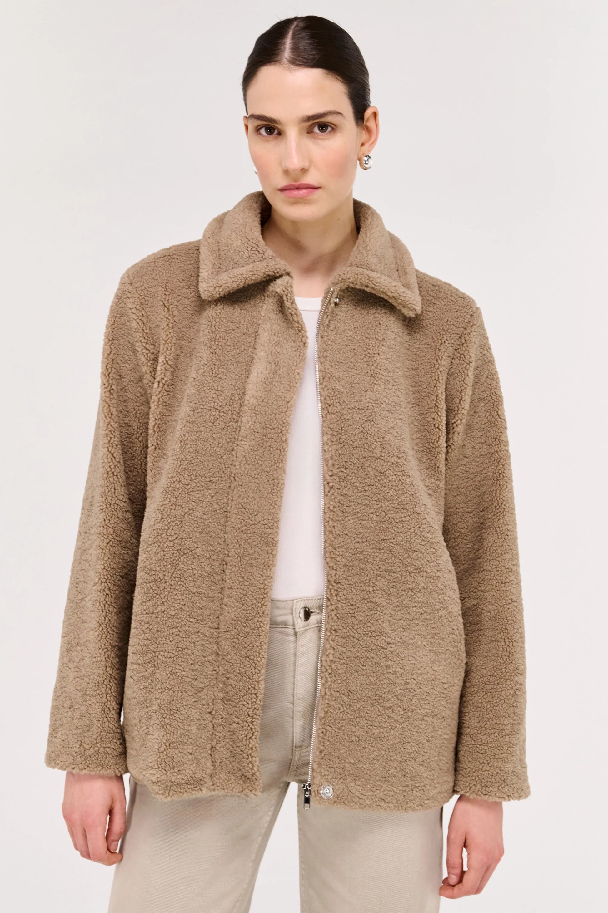 Margo Long Line Sherpa Jacket - Beige