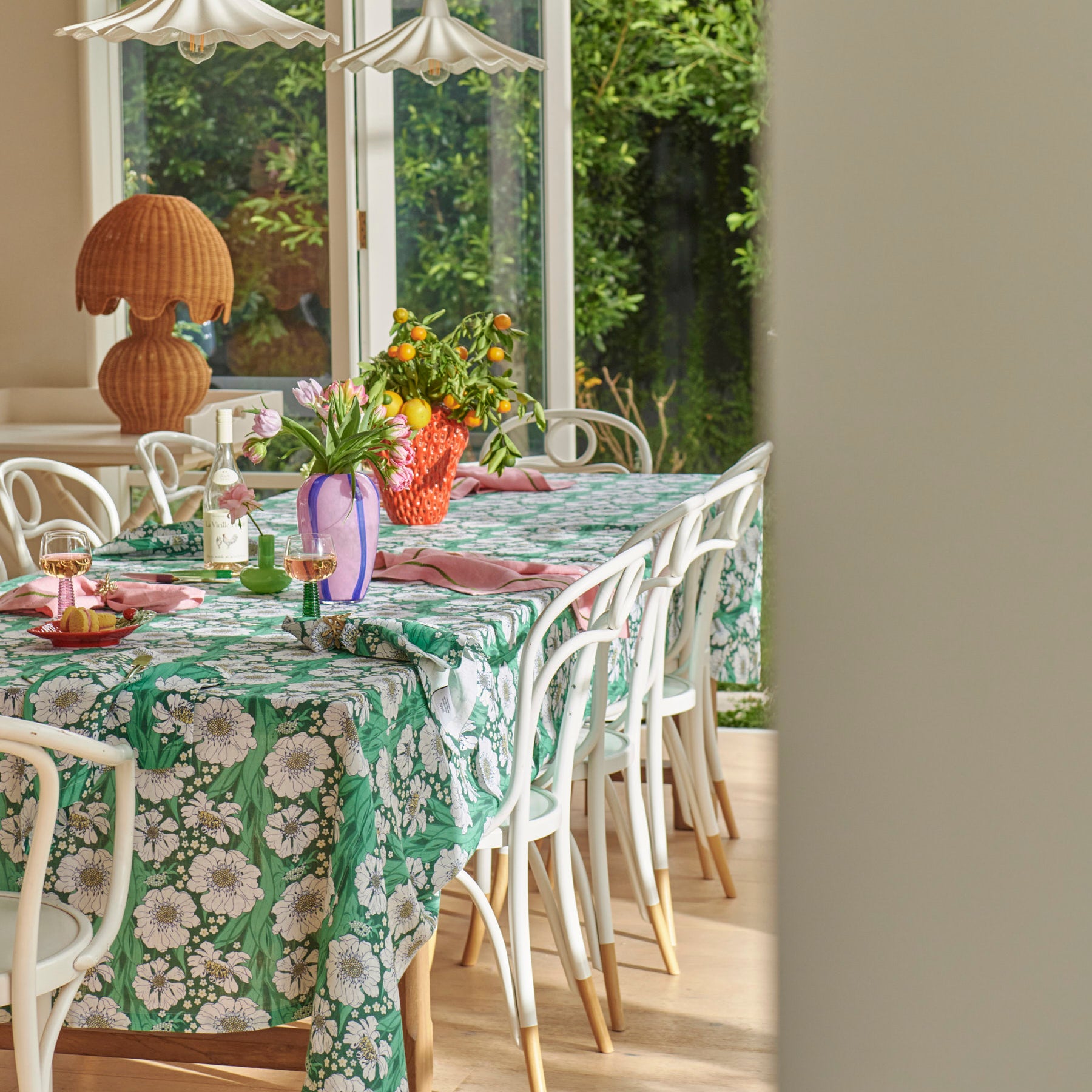 Tumbling Flowers Green Linen Tablecloth - Large Rectangle