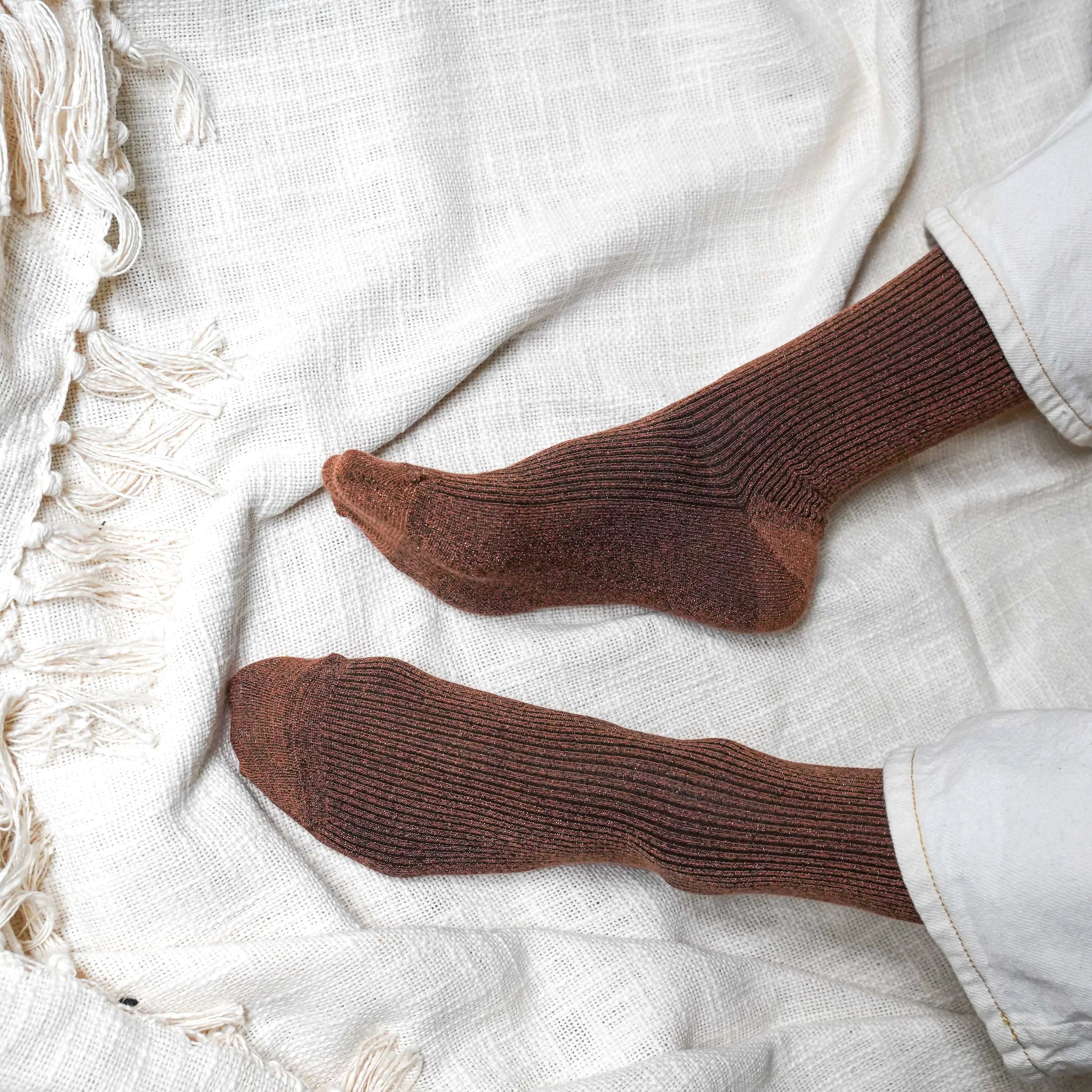 Glitter Lurex Socks - Camel Brown