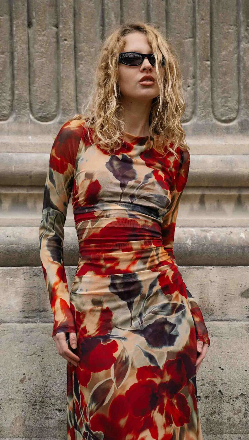 Selma Mesh Midi Dress - Floral