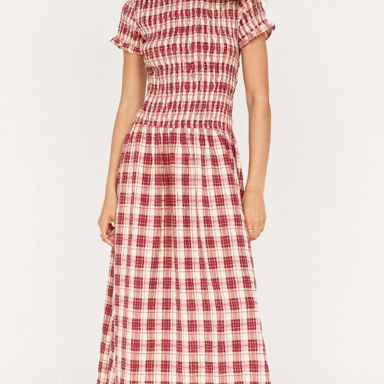Anouk Shirred Midi Dress - Wine Check