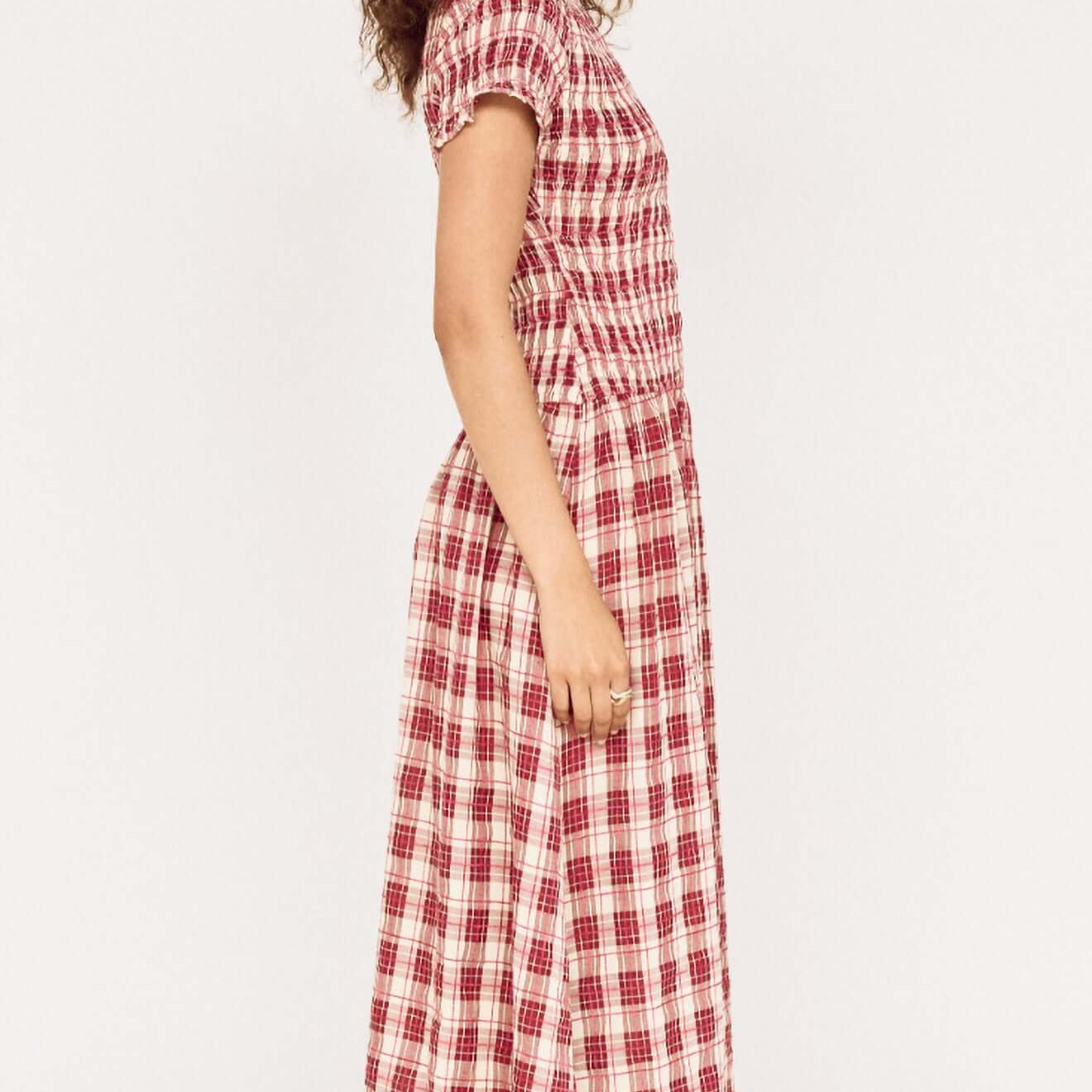 Anouk Shirred Midi Dress - Wine Check