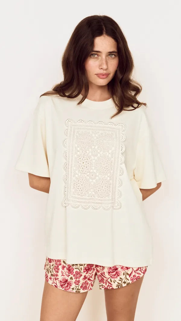 Amelie Crochet Applique Tee - Cream