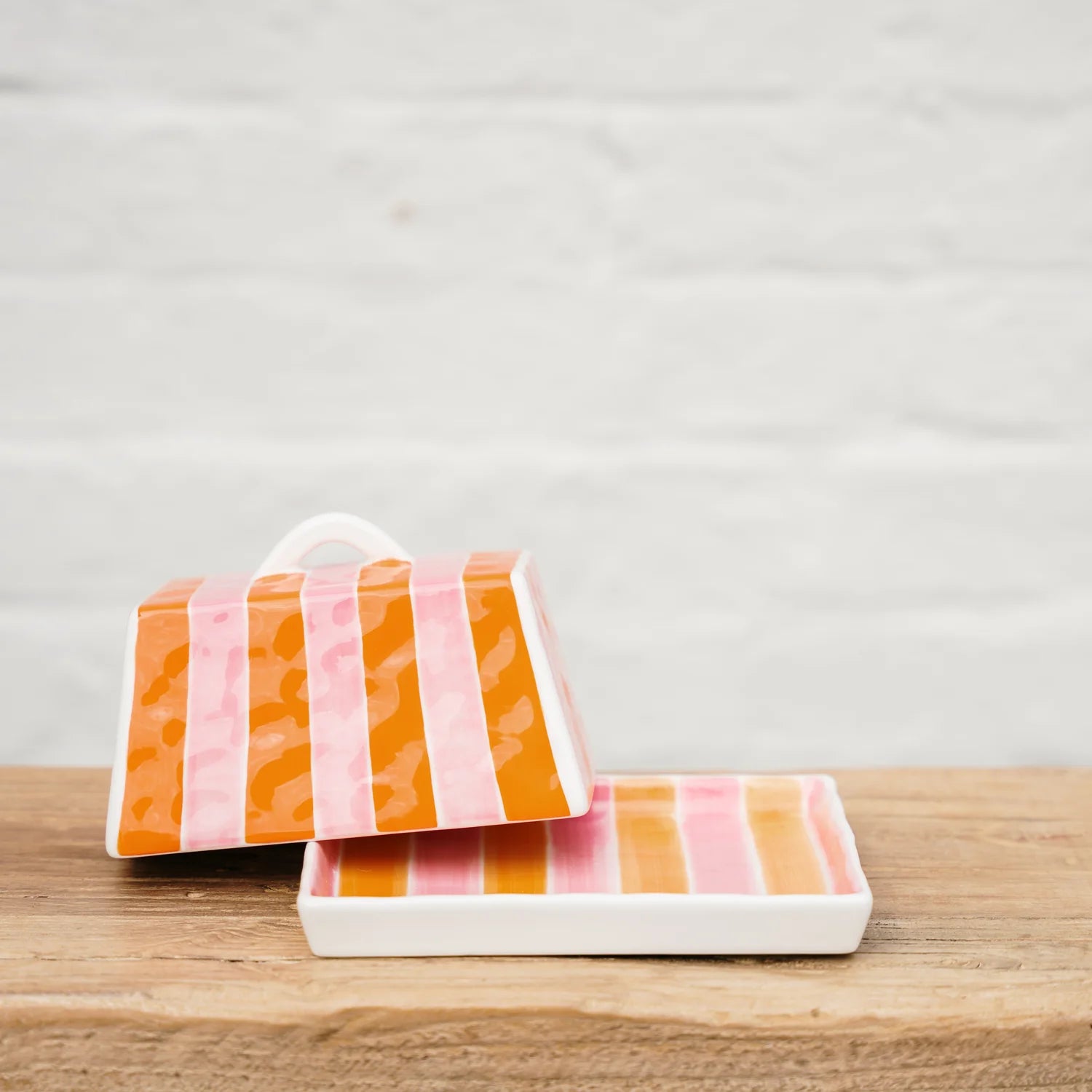 Butter Dish - Large - Orange & Pink Stripe