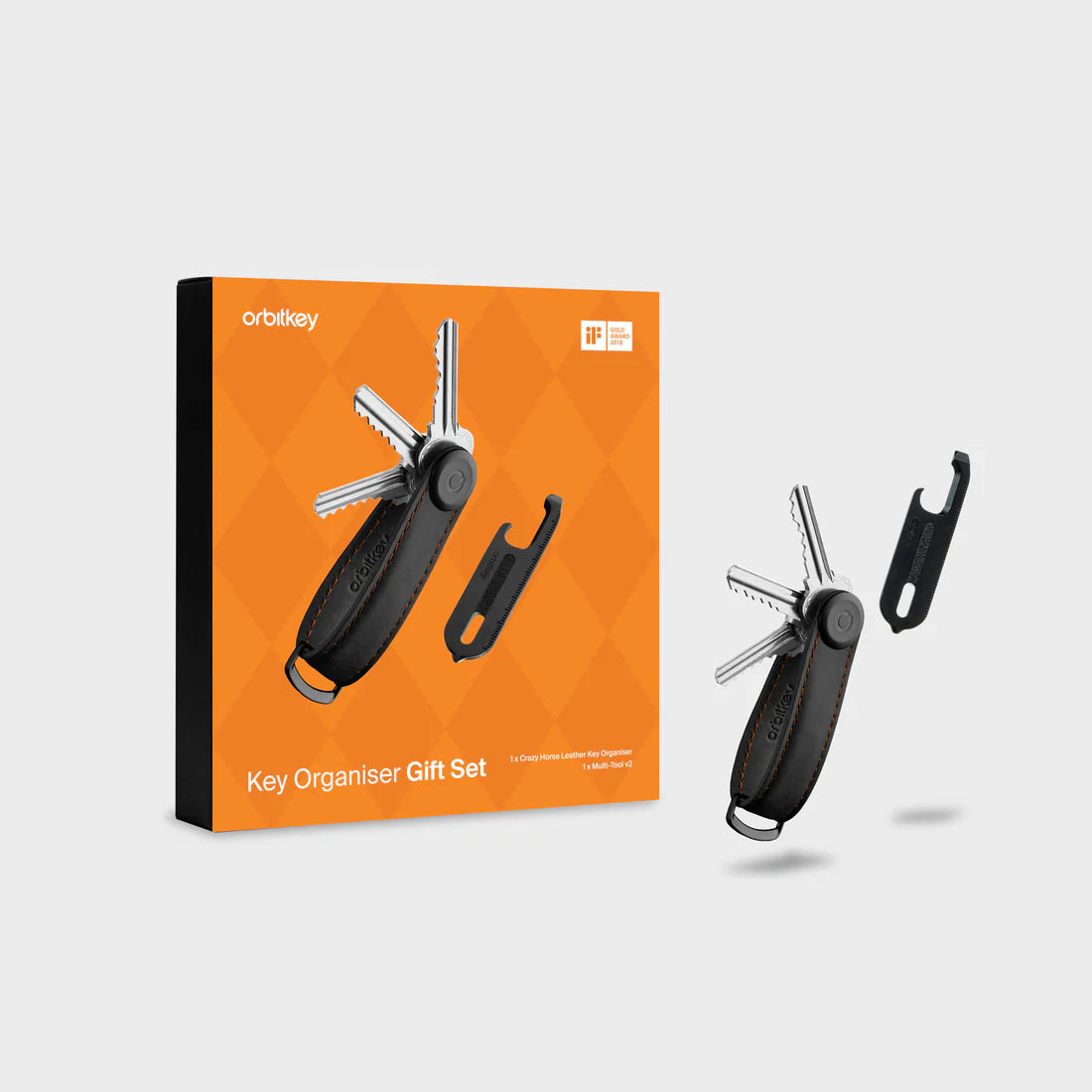 Leather Key Organiser + Multi-Tool Set - Black With Orange Stitching