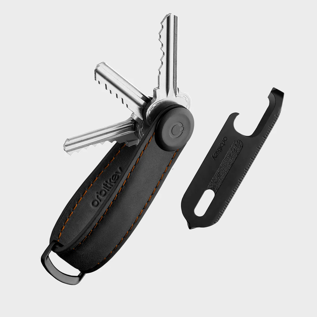 Leather Key Organiser + Multi-Tool Set - Black With Orange Stitching
