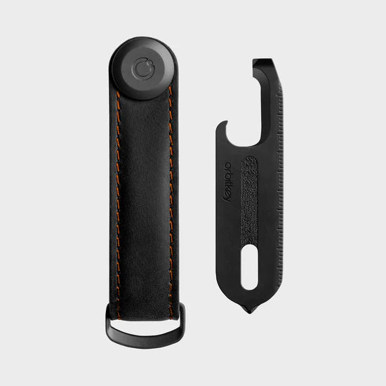 Leather Key Organiser + Multi-Tool Set - Black With Orange Stitching