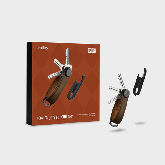Leather Key Organiser + Multi-Tool Set - Oak Brown With Brown Stitching
