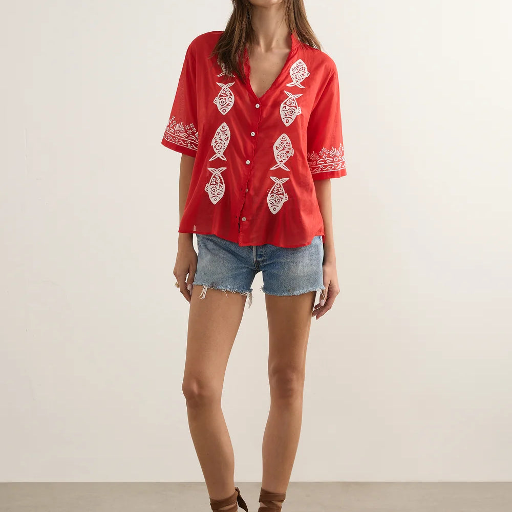 Sardine Embroidered Blouse - Red
