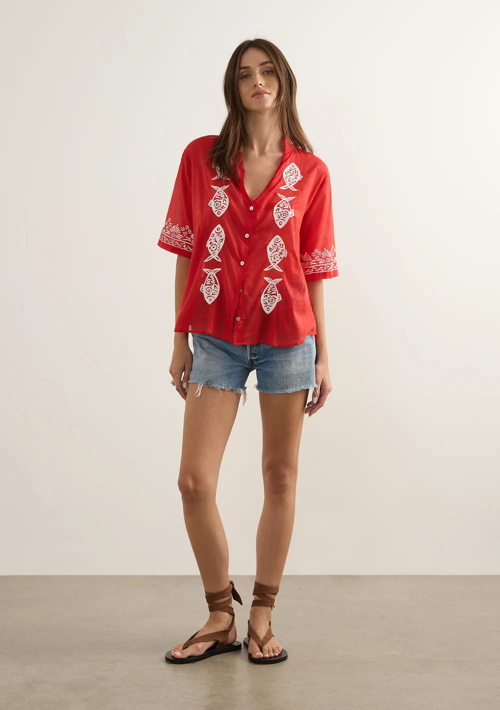 Sardine Embroidered Blouse - Red
