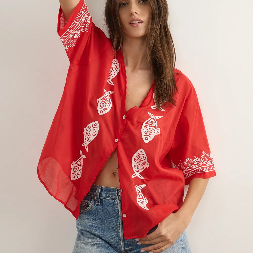 Sardine Embroidered Blouse - Red